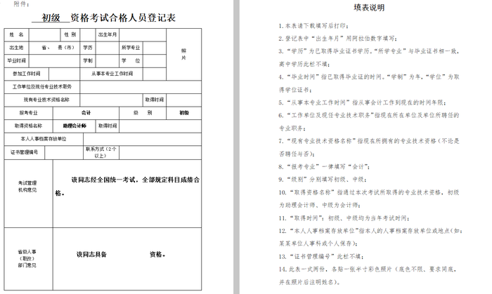 初级考试合格人员登记表