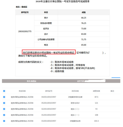 学员鲁俊辰的注册会计师税务师一备两考成绩单