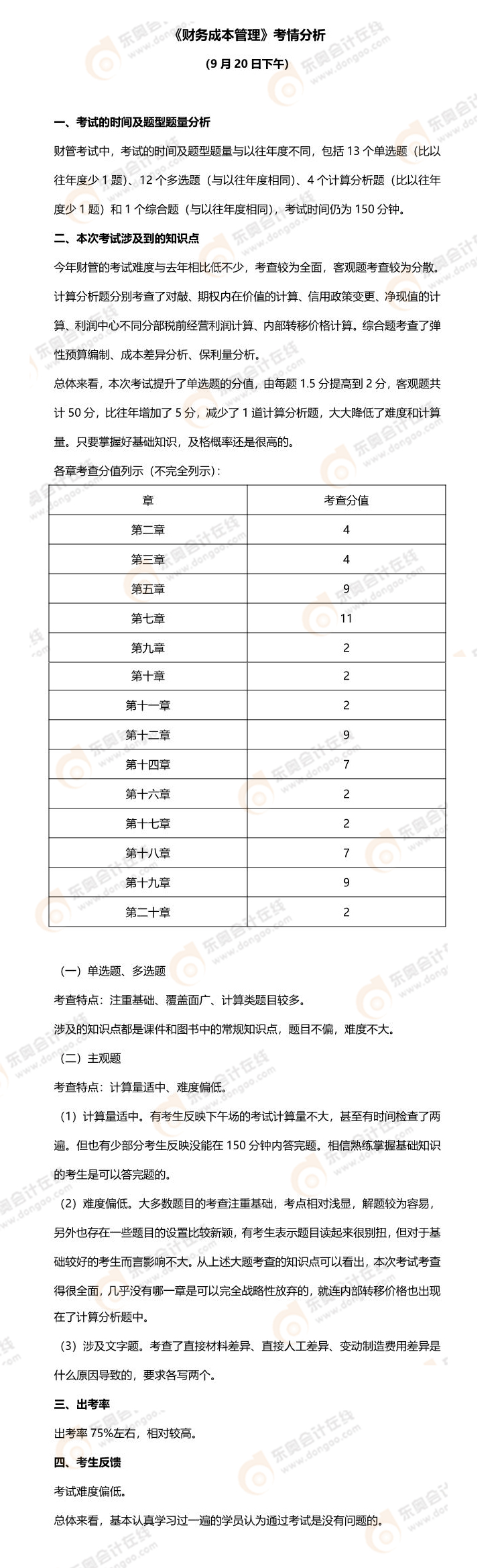 2021年注会延考地区《财管》考试第二批次考情分析