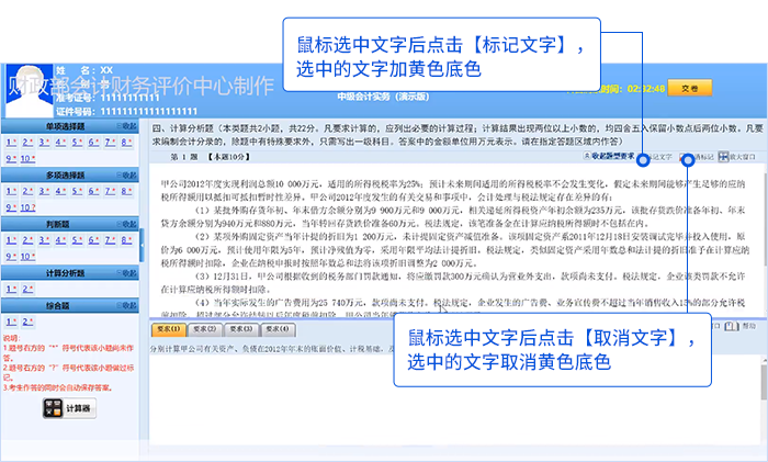 中级会计机考系统试题区标记文字